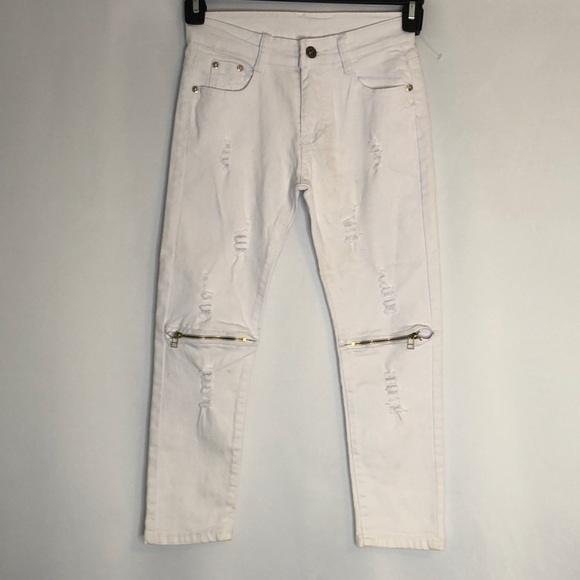 Fredd Marshalls Denim - Fredd Marshall Women’s White Cotton Blend 5 Pocket Distressed Zipper Jean Size 7